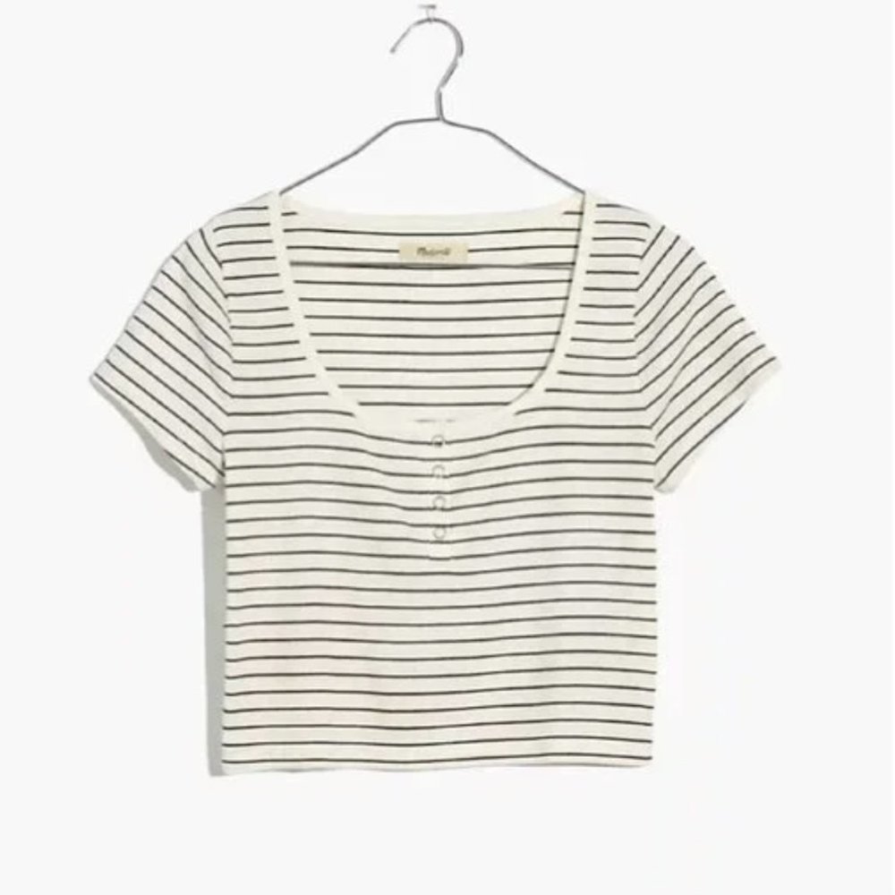 Madewell Ribbed Henley High-Crop Tee - Black White Stripe - Size L - NWT - Picture 3 of 4